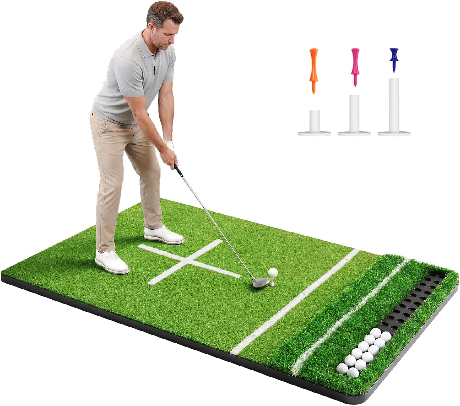 Golf Mat & Hitting Mat: 5.2 x 4ft, 6 x 4ft Practice Outdoor/Indoor 21 to 50mm Turf Mats with Ball Tray – All-in-One Hitting Mats for Golf Practice, Perfect for Garage/Backyard