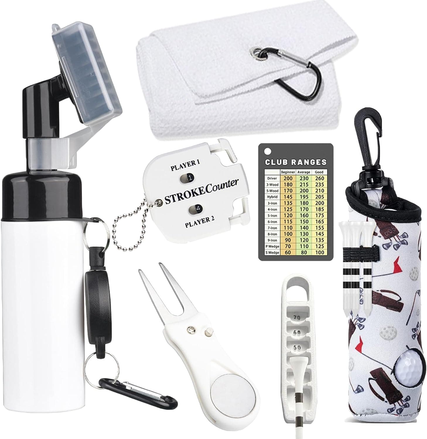 7Pcs Golf Accessories Kit, Include Golf Club Cleaner Towel Ball Bag Divot Tool Score Counter Range Chart Card Tee Elevator