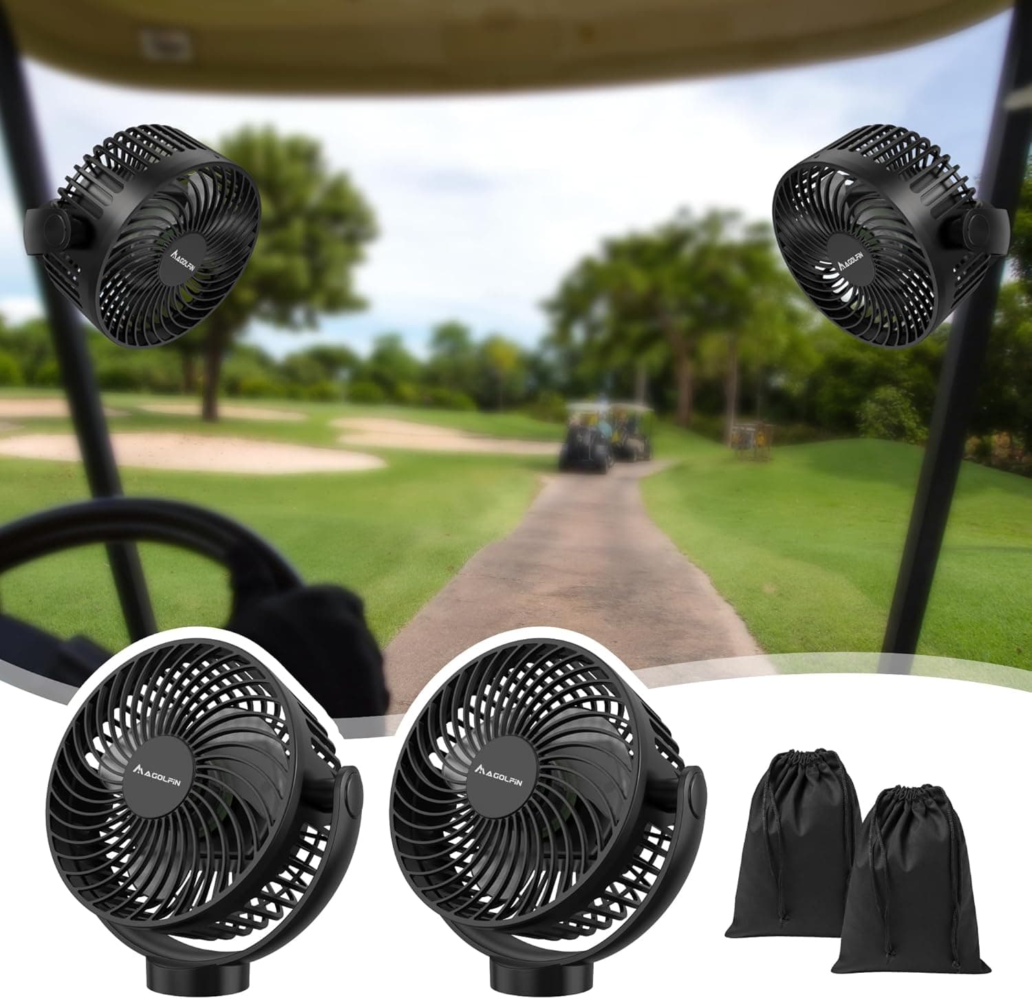 2-Pack Magnetic Golf Cart Fan Rechargeable, 12000mAH Battery Operated Portable Fan with 3 Speeds, LED Lantern, Magnetic Base